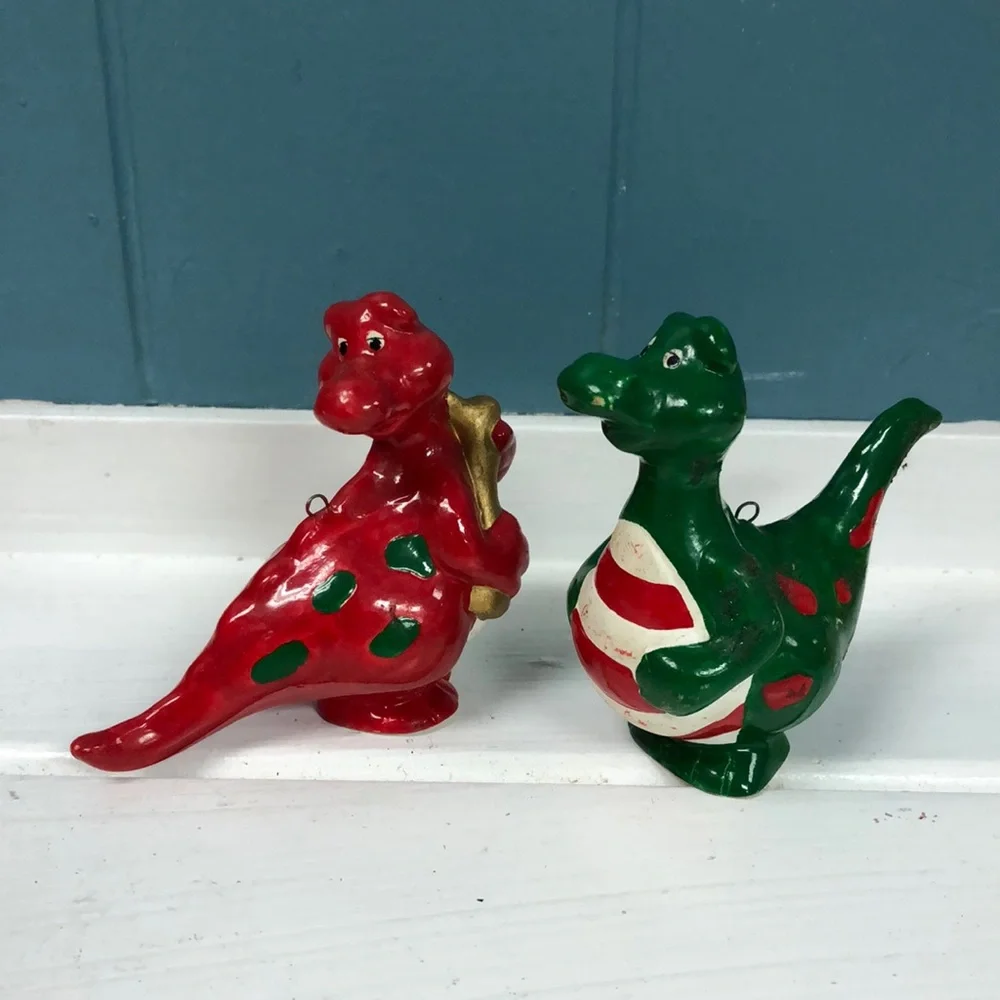 Lot of 2 vintage dragon dinosaur hand‎ painted Christmas ornaments RARE